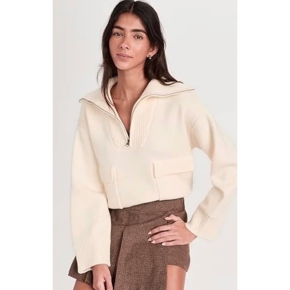 ANTHROPOLOGIE Half-Zip Pullover Sweater Shawl Collar Pockets Ivory Cream Medium - Picture 1 of 16